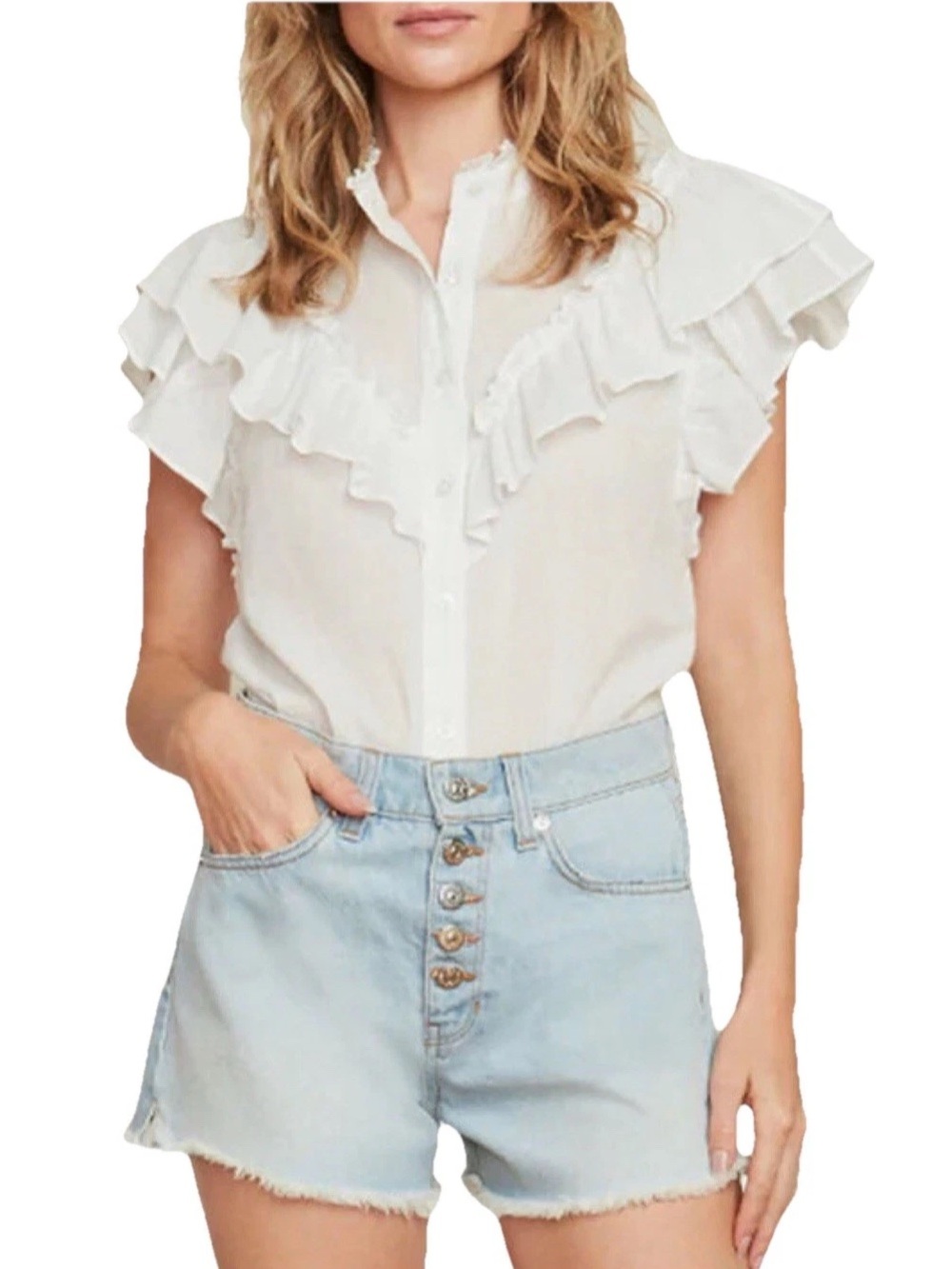 Veronica Beard Jaliyah Cotton White Ruffle Button Front Top L